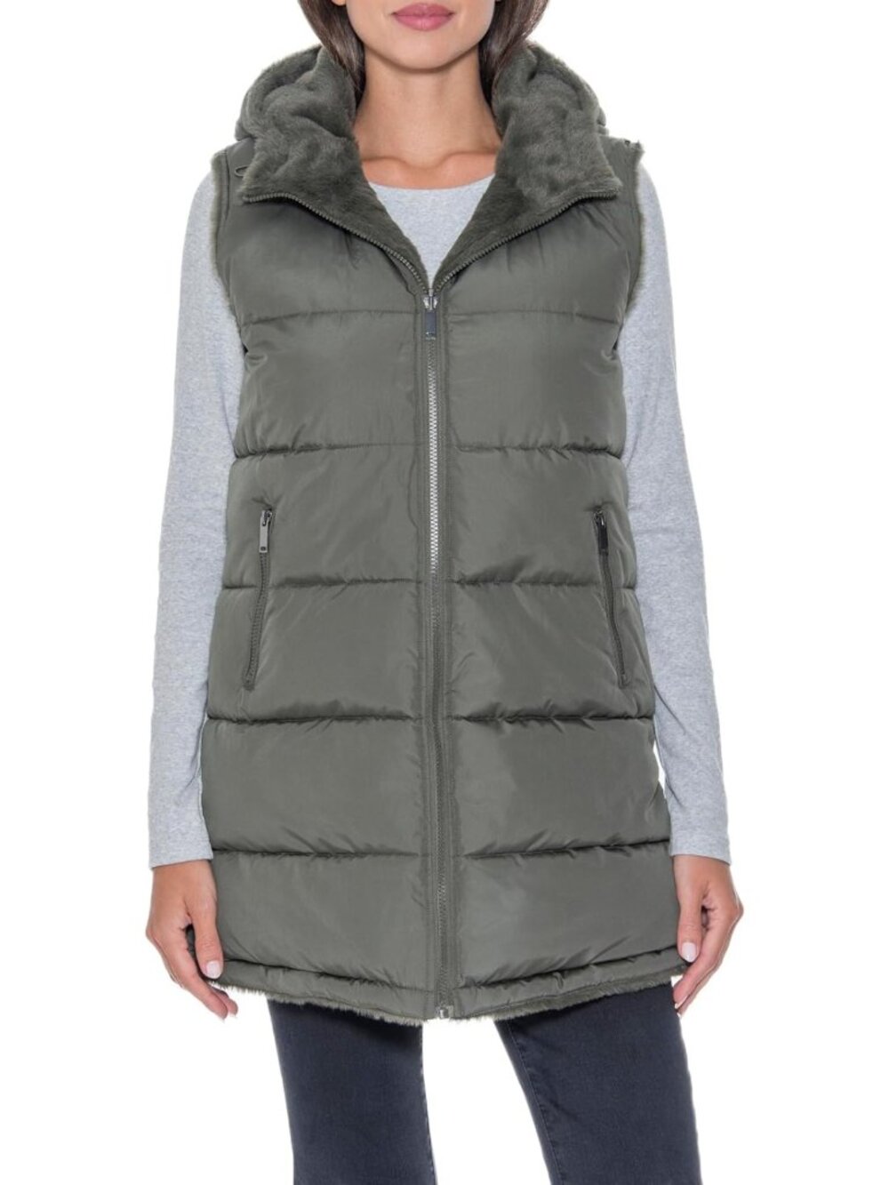 Cozy Long Reversible Puffer Vest with Hood | Puffy Sleeveless Faux Fur Winter